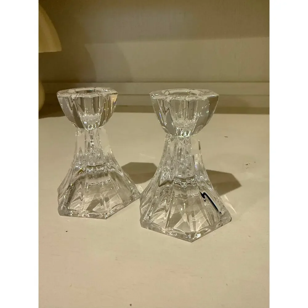 Vintage Clear Cut Crystal Candlestick Holders Pair Hexagonal Base Taper Candle